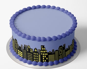 Borde para tarta A4 con diseño de edificios del horizonte de Super Hero City
