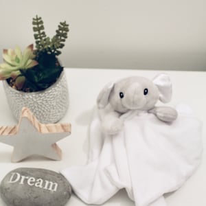 May include: A plush grey elephant security blanket with a white fabric body, a grey stone with the word Dream printed in white, a wooden star-shaped ornament, and a small green succulent plant in a textured grey pot.