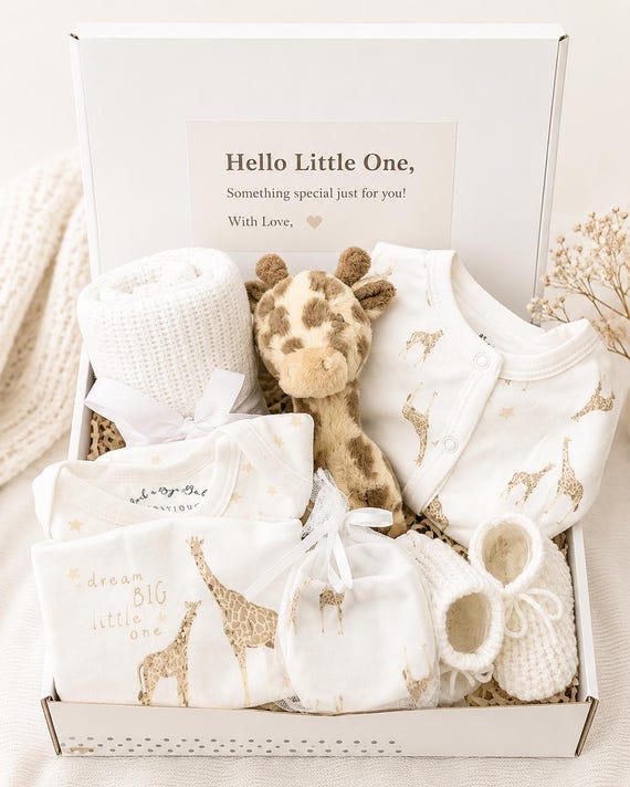 Neutral Baby Gift Box, Newborn Baby Hamper UK, Unisex Baby Shower Gift, Giraffe Safari Baby Set, New Mum Gift, 100% Cotton