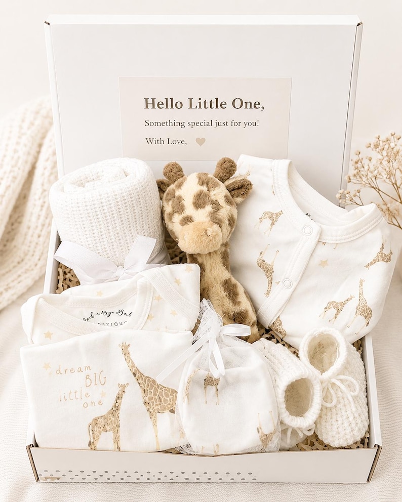 Neutral Baby Gift Box, Newborn Baby Hamper UK, Unisex Baby Shower Gift, Giraffe Safari Baby Set, New Mum Gift, 100% Cotton image 1