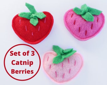 Organic Catnip Strawberry Toy for Cats, Set of 3 Berry Toy, Kitten Play Food, Summer Fruit Bundle, Made to Order, Custom For Pets