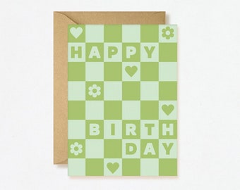 Happy Birthday Card - Checkerboard Green Pastel Cute Funky Groovy Quirky B-Day Friend Abstract Shapes Blank Inside Eco-Friendly Vegan