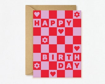 Happy Birthday Card - Checkerboard Pink and Red Cute Funky Groovy Abstract Shapes Blank Inside Eco-Friendly Vegan