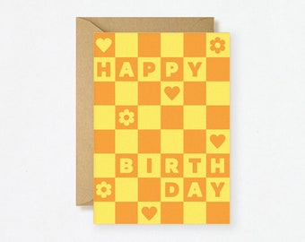 Happy Birthday Card - Checkerboard Yellow & Orange Funky Groovy Abstract Shapes Blank Inside Eco-Friendly Vegan