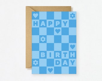 Happy Birthday Card - Damier Bleu Funky Groovy Formes abstraites Vierge à l’intérieur Végétalien écologique