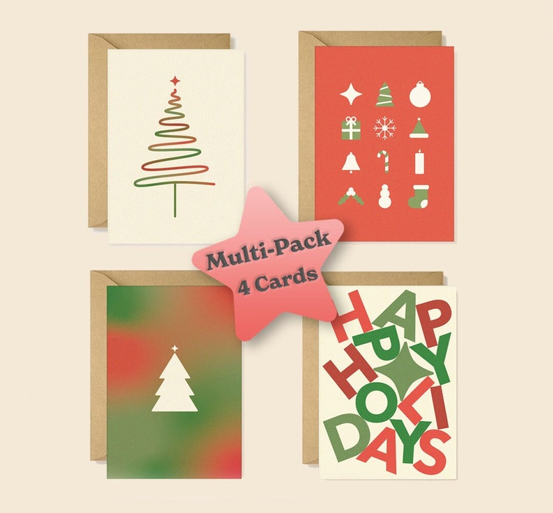 MINIMAL CHRISTMAS CARDS Set of 4 Minimalist Bright Merry Contemporary Design Vegan Ecofriendly Blank Inside Funky Designled image 1