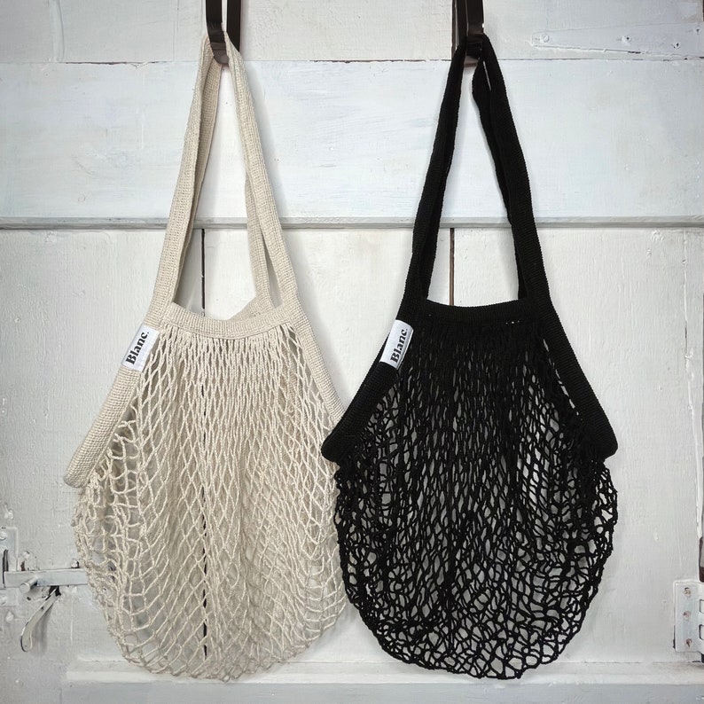 Mesh Organic Cotton Bag French Market Style Eco-friendly Tote Minimal Cute Zero Waste Artisanal Black Beige Retro image 8