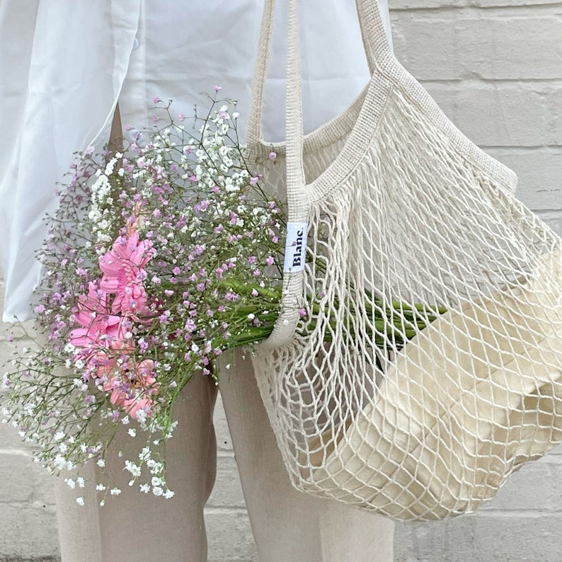 Mesh Organic Cotton Bag French Market Style Eco-friendly Tote Minimal Cute Zero Waste Artisanal Black Beige Retro image 3