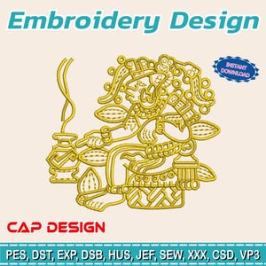 Puede incluir: Diseño de bordado dorado con una figura estilizada con tocado y detalles ornamentados, sosteniendo un objeto. El texto "Embroidery Design" está en la parte superior, con "CAP DESIGN" en la parte inferior. Una insignia azul dice "INSTANT DOWNLOAD".