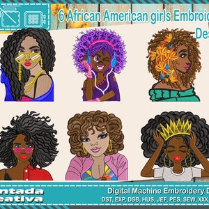 Puede incluir: Un diseño de bordado con seis chicas afroamericanas con varios peinados y accesorios. El diseño incluye el texto "6 African American girls Embroidery Design" y "Digital Machine Embroidery Design".