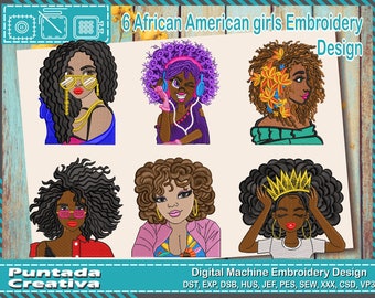 6 in 1 Embroidery Designs, African American women's faces, crown, Latina women, woman with music, woman with flowers, woman with glasses