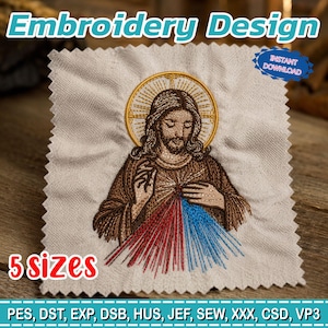 Puede incluir: Diseño bordado que presenta una figura religiosa con un halo dorado, túnicas marrones y luz roja y azul. El texto dice "Embroidery Design" y "5 sizes". Incluye una insignia de "Descarga instantánea".