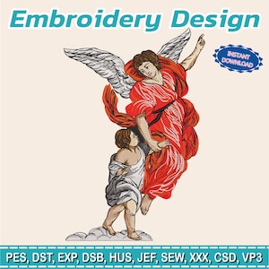 Puede incluir: Un diseño de bordado que presenta un ángel vestido de rojo con alas blancas, sosteniendo a un niño. El diseño incluye el texto "Embroidery Design" y "Instant Download". La parte inferior de la imagen enumera formatos de archivo de bordado.