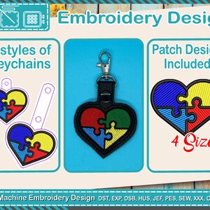 May include: An embroidery design featuring heart-shaped puzzle pieces in blue, yellow, and red. The design includes two keychain styles and a patch design, with four size options. Text reads "Embroidery Design" and "Digital Machine Embroidery Design".