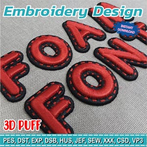 Puede incluir: Letras bordadas rojas que deletrean "FON" con un contorno negro y un efecto 3D. Las palabras "Embroidery Design" e "Instant Download" están en la imagen. Las letras están sobre un fondo de tela gris.