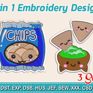 Puede incluir: Un diseño de bordado con una bolsa azul de patatas fritas y un cuenco de guacamole con totopos. La bolsa de patatas fritas tiene la palabra "CHIPS". El diseño se titula "2 in 1 Embroidery Design" y "3 Sizes".