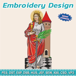 Puede incluir: Un diseño de bordado que presenta a una mujer con un vestido rojo y blanco, sosteniendo un cáliz, una espada y una rama de palma, con una corona dorada y un halo. Una torre con techo rojo está en el fondo. Se muestran las palabras "Embroidery Design" e "Instant Download".