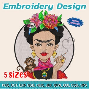 Puede incluir: Diseño de bordado que presenta un retrato estilizado de una mujer con una corona floral, pendientes y un mono. El diseño incluye el texto "Embroidery Design", "5 sizes" y "Instant Download". Disponible en formatos PES, DST, EXP, DSB, HUS, JEF, SEW, XXX, CSD, VP3.