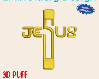 May include: A gold-colored embroidery design featuring the word "JESUS" in a cross shape. The design is labeled "3D PUFF" and includes the text "Embroidery Design" at the top. A blue badge reads "INSTANT DOWNLOAD".