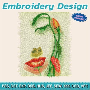 Puede incluir: Un diseño de bordado que presenta un arreglo floral estilizado con flores rojas y naranjas, tallos y hojas verdes, y una mariposa. Las palabras "Embroidery Design" están en la parte superior, con "Instant Download" e información del tipo de archivo.