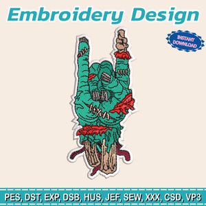 Puede incluir: Un diseño de bordado con una mano verde haciendo el gesto de 'rock on', con detalles rojos y costuras. El diseño incluye el texto 'Embroidery Design' y una insignia de 'Descarga Instantánea'.