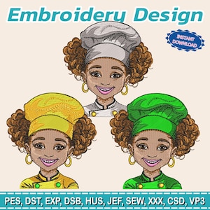 May include: An embroidery design featuring three smiling chef illustrations with curly brown hair, wearing chef hats in gray, yellow, and green. The text "Embroidery Design" is at the top, with "Instant Download" and file type abbreviations at the bottom.