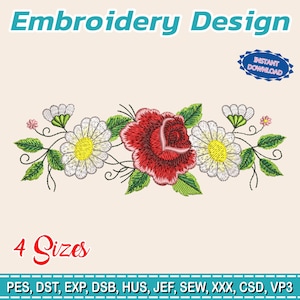 Puede incluir: Diseño de bordado con una rosa roja y margaritas blancas con centros amarillos, rodeadas de hojas y vides verdes. El texto "Embroidery Design" está en la parte superior, con "4 Sizes" debajo. Hay una insignia de "Instant Download".