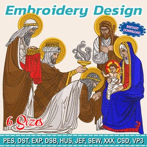 Puede incluir: Un diseño de bordado que presenta una escena religiosa con figuras en túnicas marrones, blancas y azules, con halos dorados. El texto "Embroidery Design" está en la parte superior y "6 Sizes" en la inferior. Las palabras "Instant Download" están en una estrella azul.