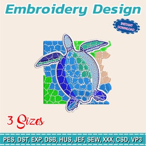 以下が含まれることがあります： 青と緑の色合いのウミガメの刺繍デザイン。上部に「Embroidery Design」の文字があります。デザインには「3 Sizes」と「Instant Download」の文字も含まれています。