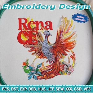 Puede incluir: Un diseño de bordado con un fénix con plumas rojas, naranjas y amarillas, y la palabra "Renaissance" en rojo. El diseño está sobre una tela blanca estirada en un bastidor verde. El texto "Embroidery Design" está en la parte superior.