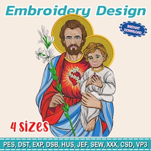 Puede incluir: Un diseño de bordado que presenta una imagen religiosa de un hombre sosteniendo a un niño, ambos con halos. El hombre viste una túnica roja y azul con un diseño de corazón. Incluye el texto "Embroidery Design", "4 sizes" y "INSTANT DOWNLOAD".