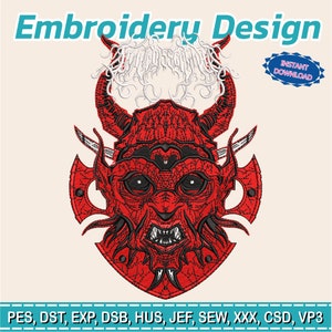 Puede incluir: Diseño de bordado rojo y negro de una cara demoníaca con cuernos y dientes afilados. El texto "Embroidery Design" está en la parte superior, con "Instant Download" en una insignia azul. A continuación, abreviaturas de formatos de archivo.