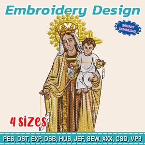 Puede incluir: Un diseño de bordado que presenta una figura religiosa con un niño, en tonos dorados y marrones. El diseño incluye el texto "Embroidery Design", "Instant Download" y "4 sizes". La parte inferior de la imagen enumera varios formatos de archivo.