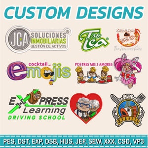 Puede incluir: Una colección de diseños de bordado personalizados con varios logotipos e ilustraciones. Los diseños incluyen un logotipo de bienes raíces, un logotipo de marca de té, un logotipo de barbacoa, un diseño de emoji, un diseño temático de cocina, un personaje de dibujos animados y un logotipo de autoescuela.