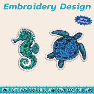 Puede incluir: Un diseño de bordado con un caballito de mar turquesa y una tortuga marina azul. El caballito de mar tiene detalles verdes, y la tortuga tiene un caparazón texturizado. Se muestran las palabras "Embroidery Design" y "Instant Download".