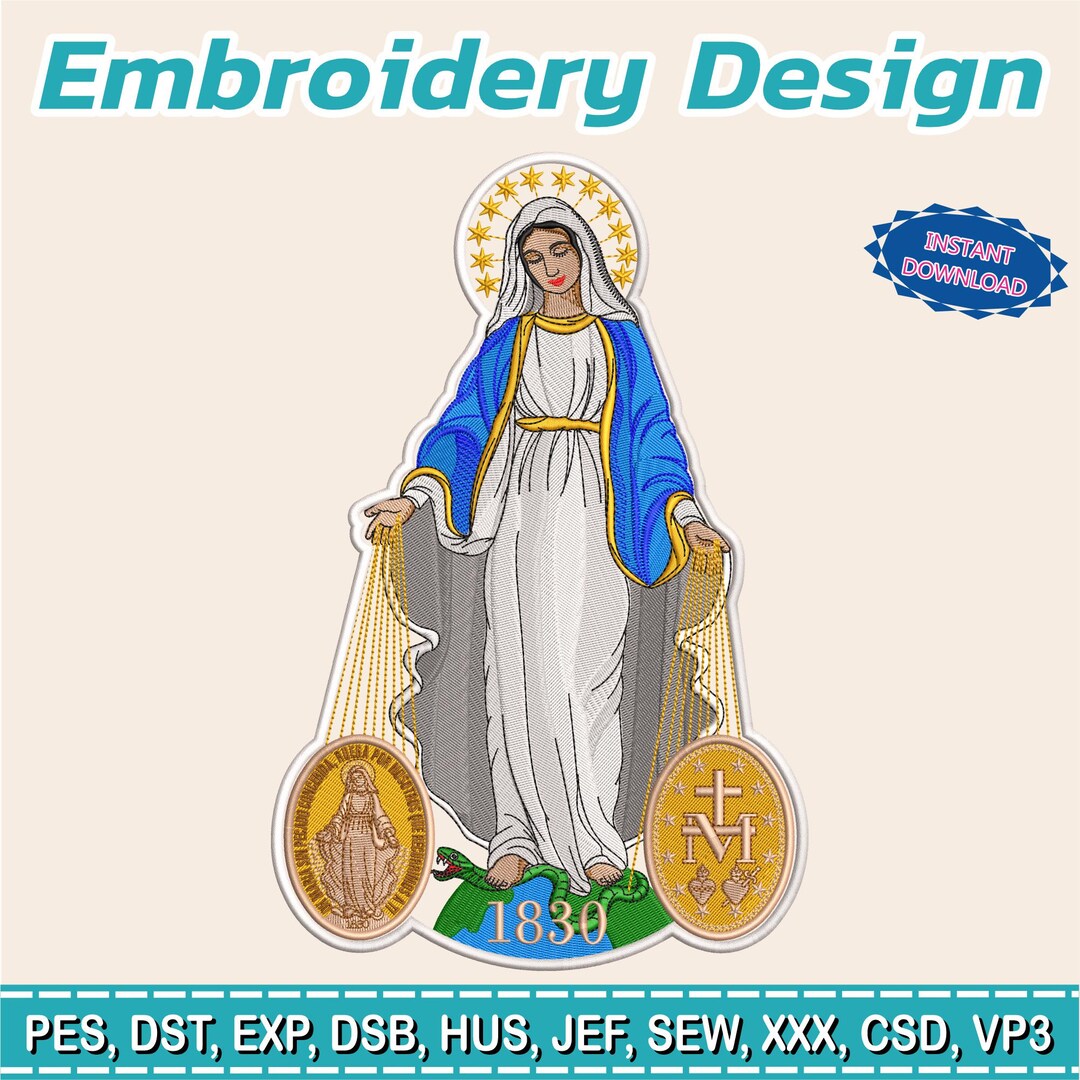 Our Lady of the Miraculous Medal Embroidery Design | Virgin Mary ...