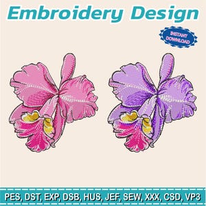 Puede incluir: Un diseño de bordado con dos flores de orquídeas. Una orquídea es rosa, la otra morada, ambas con acentos amarillos. Las palabras "Embroidery Design" están en la parte superior, y "Instant Download" en una insignia azul. Abajo hay abreviaturas de formatos de archivo.