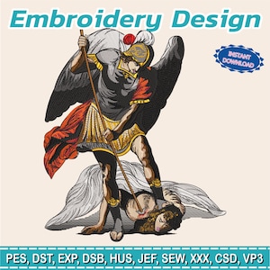 May include: An embroidery design featuring a detailed illustration of a figure in armor with wings, holding a spear and standing over a fallen figure. The text "Embroidery Design" and "Instant Download" are included. The design is available in multiple formats.