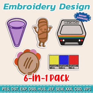 Puede incluir: Un conjunto de seis parches bordados con varios diseños, incluyendo un cono morado, un pastel sonriente, un tren, un taco y una muestra de color Pantone. Se muestra el texto "Embroidery Design" y "6-in-1 pack".
