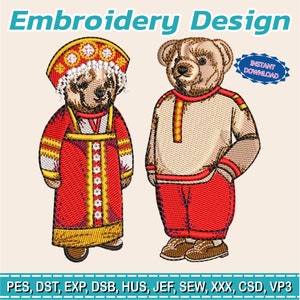 Puede incluir: Diseño de bordado con dos osos de peluche con trajes tradicionales rusos. Uno lleva un vestido rojo y un tocado, el otro una camisa blanca y pantalones rojos. El diseño incluye el texto "Embroidery Design" y "Instant Download".