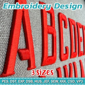 Puede incluir: Un diseño de bordado con letras del alfabeto cosidas en rojo brillante sobre un fondo de tela gris texturizada. El texto Embroidery Design y 3 sizes son visibles, junto con los formatos de archivo PES, DST, EXP, DSB, HUS, JEF, SEW, XXX, CSD, VP3.