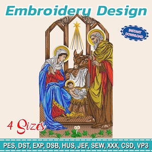 Puede incluir: Un diseño de bordado que presenta una escena de la Natividad con María, José y el niño Jesús. El diseño incluye el texto "Embroidery Design", "4 Sizes" y "Instant Download". La paleta de colores incluye azul, rojo, amarillo y marrón.