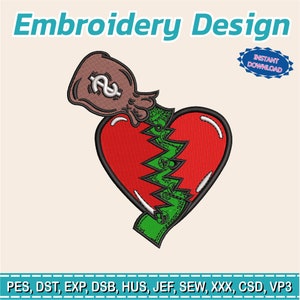 Puede incluir: Un diseño de bordado con un corazón rojo con una cremallera verde de dinero y una bolsa de dinero marrón. Las palabras "Embroidery Design" están en la parte superior. Una insignia azul dice "Descarga instantánea".