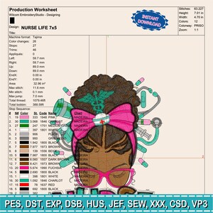 May include: An embroidery design titled "NURSE LIFE 7x5" featuring a stylized nurse with brown hair, a pink bow, and pink glasses. The design includes medical symbols and is available for instant download. The design is 7.01 inches high and 4.70 inches wide.