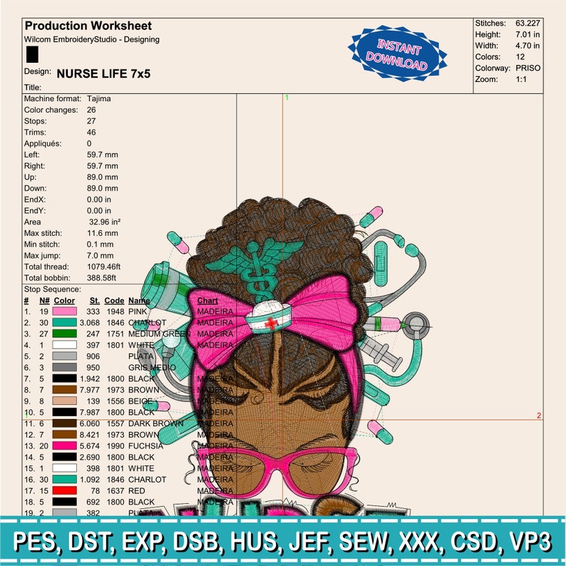 May include: An embroidery design titled "NURSE LIFE 7x5" featuring a stylized nurse with brown hair, a pink bow, and pink glasses. The design includes medical symbols and is available for instant download. The design is 7.01 inches high and 4.70 inches wide.