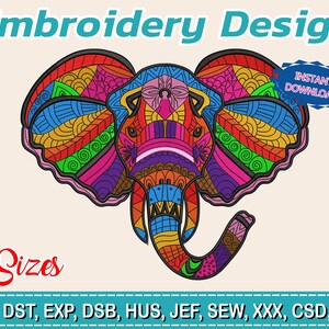 May include: A colorful embroidery design of an elephant with intricate patterns. The design features a variety of colors, including red, blue, green, and purple. Text at the top says "Embroidery Design" and "Instant Download". The image also includes the text "2 Sizes" and file formats.
