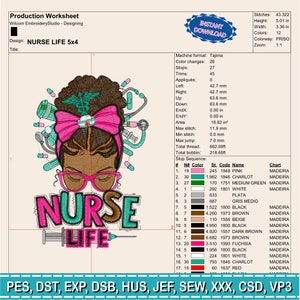 May include: An embroidery design worksheet with the text "NURSE LIFE 5x4". The design features a nurse with a pink bow, glasses, and medical tools. The design is 5.01 inches high and 3.36 inches wide.