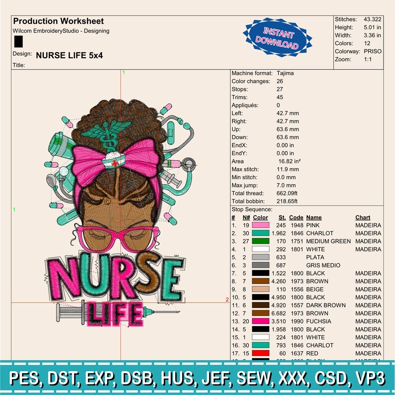 May include: An embroidery design worksheet with the text "NURSE LIFE 5x4". The design features a nurse with a pink bow, glasses, and medical tools. The design is 5.01 inches high and 3.36 inches wide.