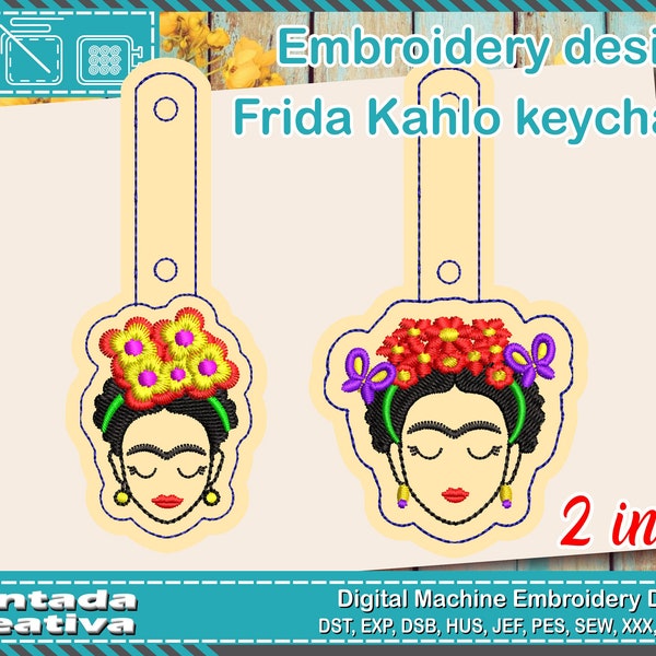 2 en 1 Diseños de Bordados, llavero de Frida Kahlo, frida kahlo con flores, rostro de frida kahlo, personalizados, incluye video tutorial