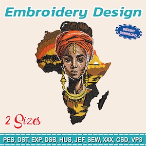 Puede incluir: Un diseño de bordado que presenta el retrato de una mujer dentro del contorno del continente africano. El diseño incluye una escena de puesta de sol y está adornado con joyas doradas y un pañuelo naranja. El texto dice "Embroidery Design" y "Instant Download".